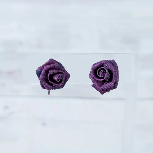 Vintage Clip On Earrings Purple Fabric Rose 5/8"