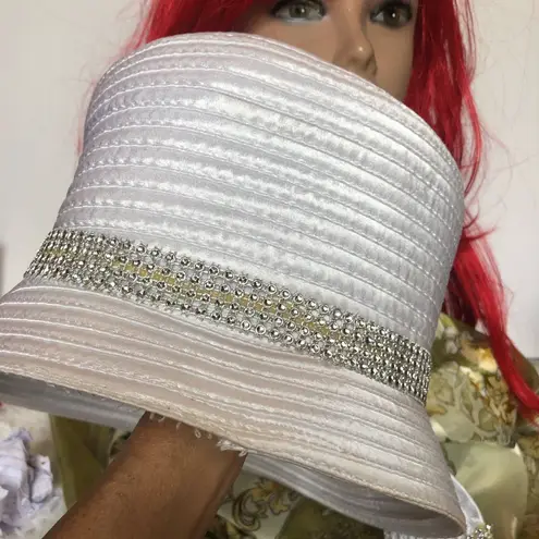 VTG Satin Braided Bucket Hat with Elegant Cascading Rhinestones White Silver 80s