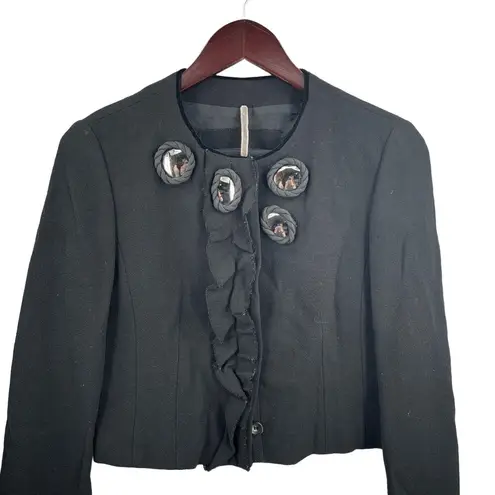 Piazza Sempione Cropped Jacket Black Ruffled Mirror Wool Blend IT 40 / US 4