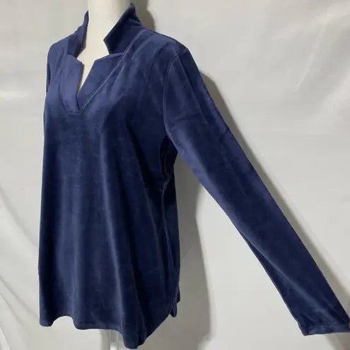 Denim & Co New Velour Notch Neck Long Sleeve Top Navy Blue Size Medium