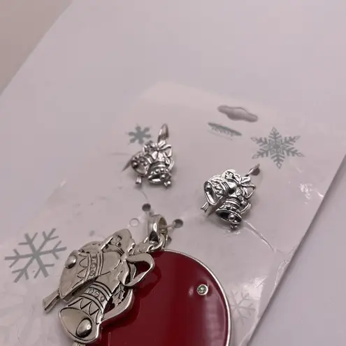 Women’s Set Of Matching Enamel Pendant & Pierced Earrings Christmas Holiday Red