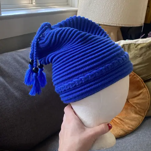 Obermeyer Blue Knit Beanie Fleece Lined Fringe Tassels Wool Blend Ski Winter