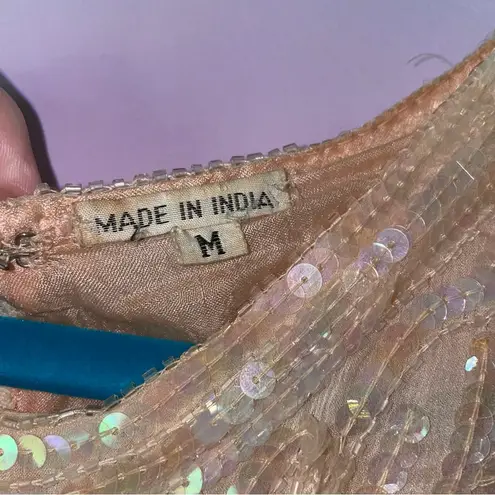 Vintage Size M Pastel Peach Silk Sequin Ball Gown Formal Dress Modest Hoco Prom Orange Size M