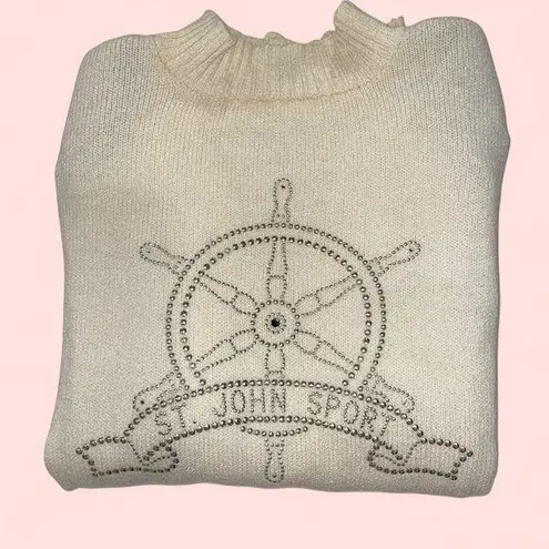 Vintage 80’s St. John santana knit creamy mock neck sweater nautical bling Silver Size L