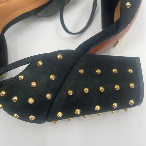Schutz Dionise Heels Size 8.5 Black Nubuck Gold Stud Spike Open Toe Block Strap