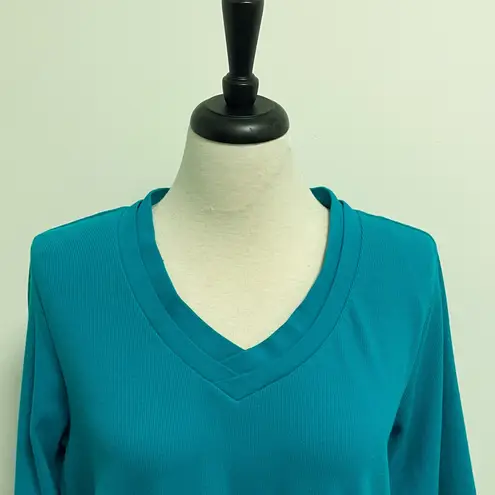 Rafaella Teal Blue Green V Neck 3/4 Sleeve Textured Stripe Top NWT 1X Stretch