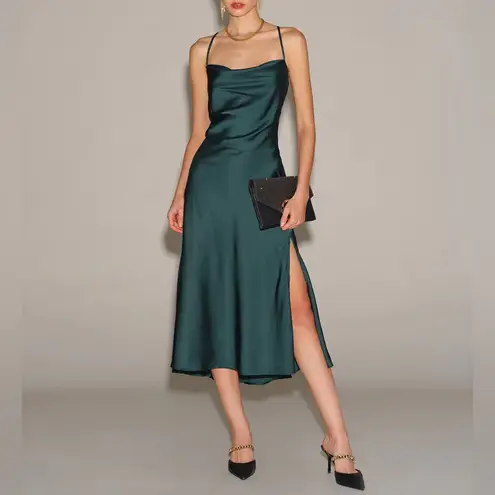 Rihoas Green Satin Cowl Neck Slip Midi Dress Size M