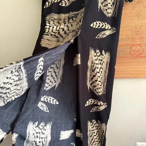 Grains of Wheat Print Long Black Short Sleeve Duster Size M