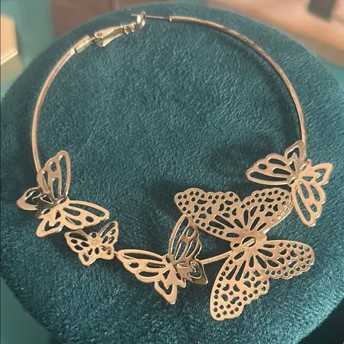 Set of 3 Oversized Gold Butterflies Rose Gold Tricolor Hoop Earrings Set