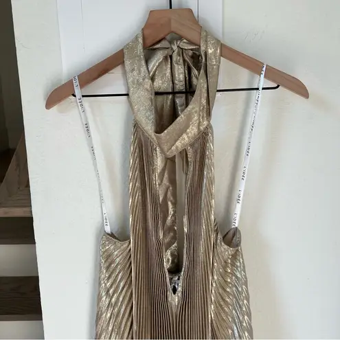 L'IDEE Opera Halter Cutout Pleated Maxi Gown in Gold Size 4
