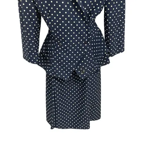 Vintage Polka Dot Navy Blue Blazer Skirt Suit Set Womens Made in USA Medium