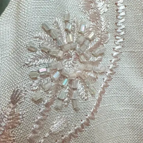 Jessica Howard Vintage  Pink Linen Embroidered Beaded Midi Dress Size 12 Large