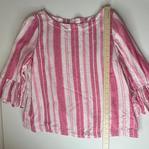 Charter Club 100% Linen Striped Top Large Pink Ruffle Cuff Preppy Coastal Beachy