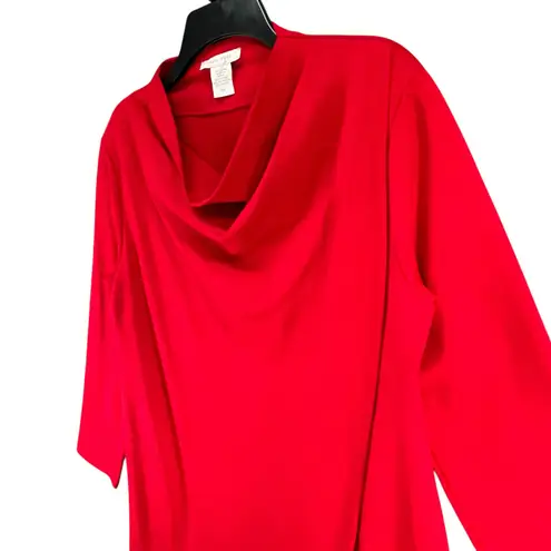 Joan Vass Dress Womens L Red Asymmetrical Cowl Neck Long Sleeve Draped Classic