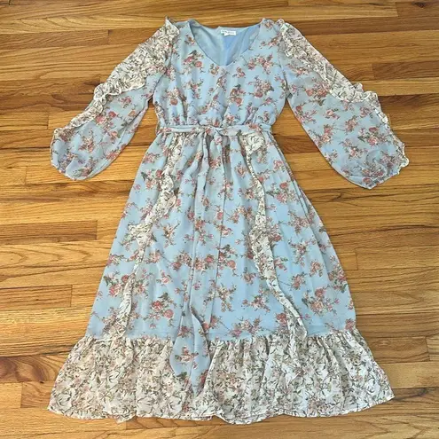 By the River Floral Ruffle Midi Dress Sz L Blue Size L