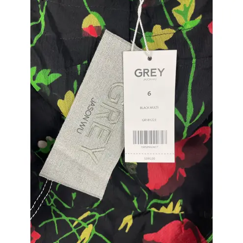 GREY by Jason Wu Black Floral Chiffon Silk Off Shoulder Midi Dress Size 6