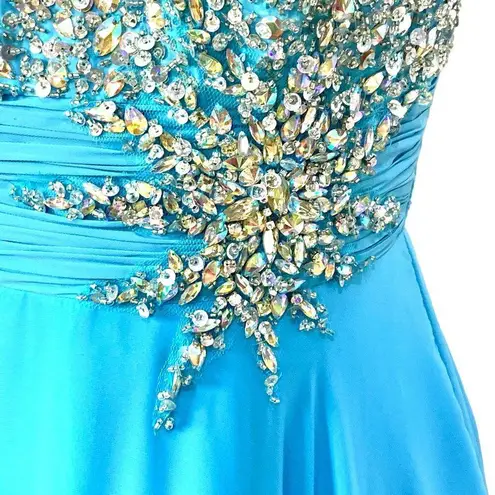 Tony Bowls Strapless Sweetheart Rhinestone Evening Long Gown Blue Size 6 Prom