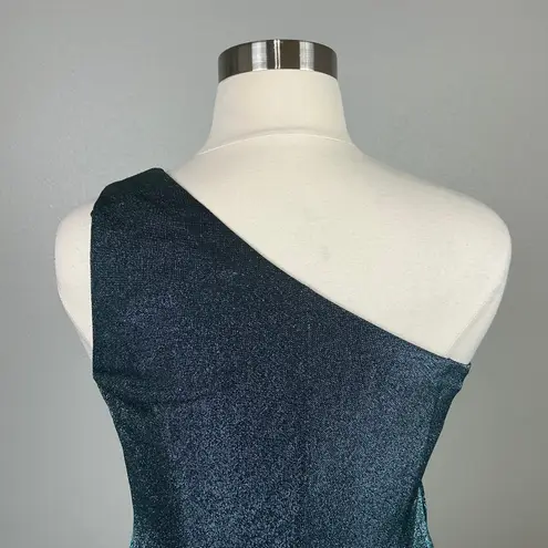 Aidan Mattox Metallic One Shoulder Midi Sheath Cocktail Dress Teal Green Size 14