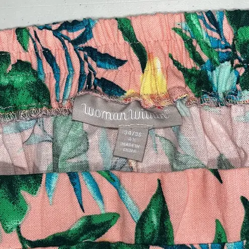 Woman Within 34/36 4X Tropical Floral Linen Blend Pull-On Midi Skirt w/ Pockets