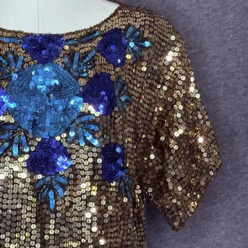 Vintage In Fashions Silk Sequin Party Top Gold Blue Beaded Blouse Size Large