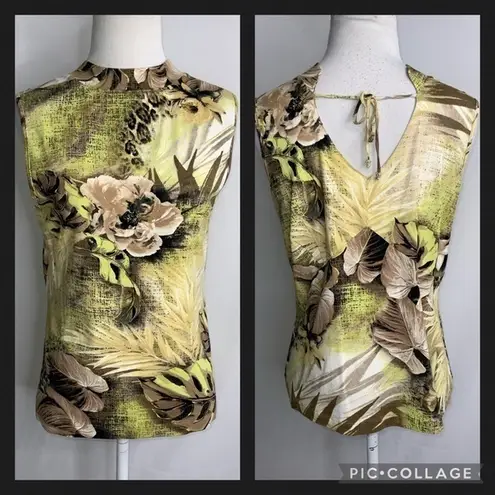 Apriori Golden Yellow Tan & Green Tropical Floral High Neck Sleeveless Top 10
