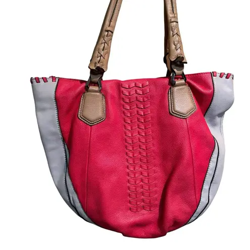 OrYANY Lyssie Large Pebbled Leather Colorblock Shoulder Bag Tote Red Gray - Image 2