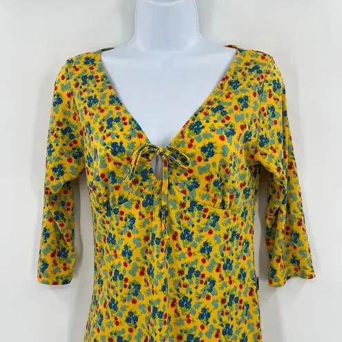 Mamy Blue Rio Y2K Babydoll Floral Dress Sz M Hippie Retro Boho Cottage Midi tie Yellow Size M