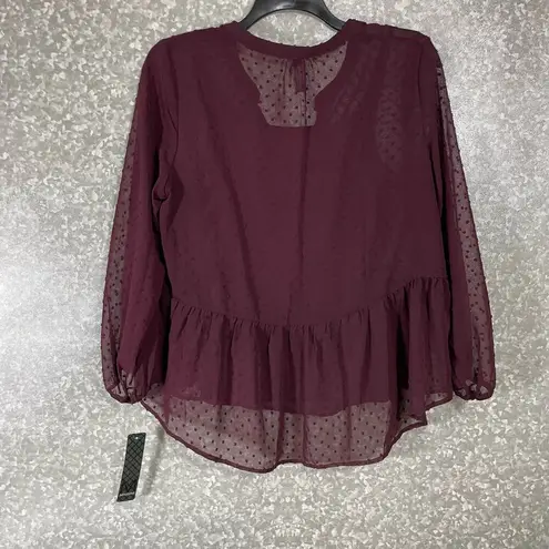 Massini NWT Women's Burgundy Boho Swiss Dot Peasant Blouse - Size Large - Sheer