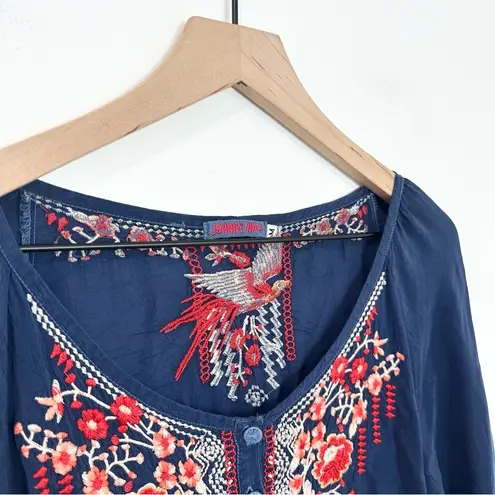 Johnny Was Olivia Blouse Blue Embroidered Bird Floral size Medium