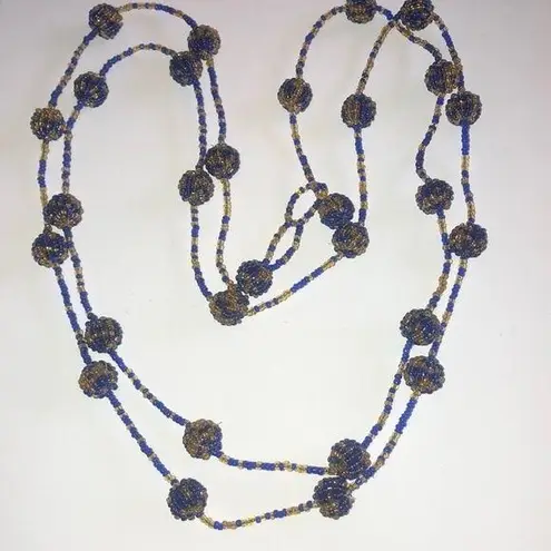 Vintage Blue  & Gold/Yellow Color Seed Bead Beaded Balls Boho Necklace