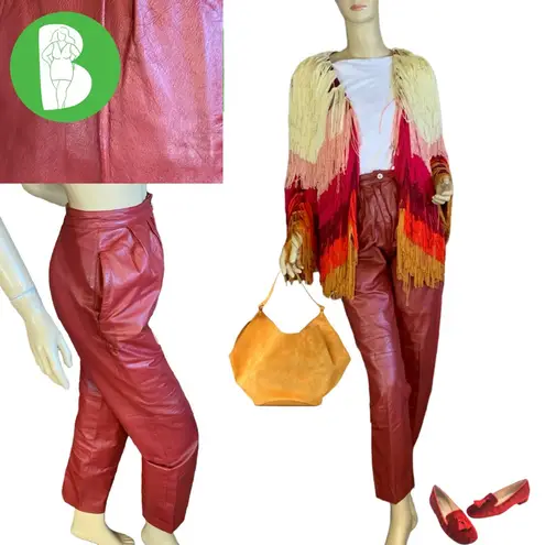 VINTAGE 1980'S REDDISH BROWN LEATHER STRAIGHT LEG PLEATED TROUSERS (XS) Red