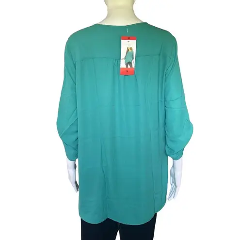 Fever Women V Neck Long Sleeve Lightweight Blouse Tunic Green Medium