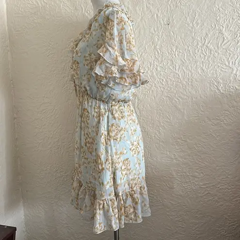 Lulu’s Dreaming of Romance Mint Blue Floral Ruffle Metallic Dress Medium