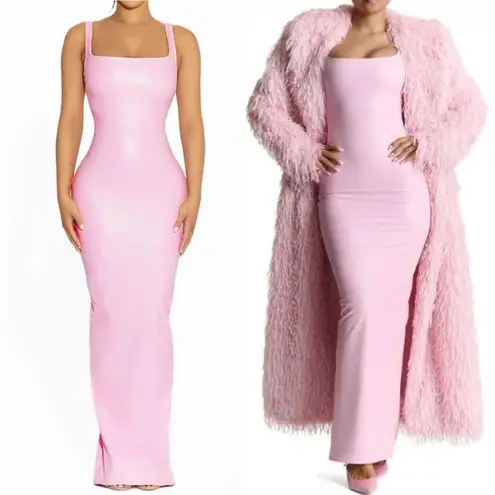 Naked Wardrobe NWT Pink Faux Leather Maxi Tank Dress Size Medium Fitted Bodycon