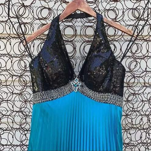 Mori Lee Y2K beaded sequin halter prom dress maxi gown teal black 5/6