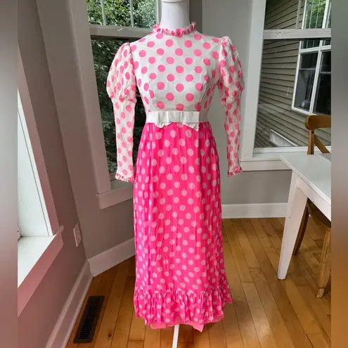 Vintage 60s Pink White Polka Dot High Neck Chiffon Prom Formal Dress XS or Small