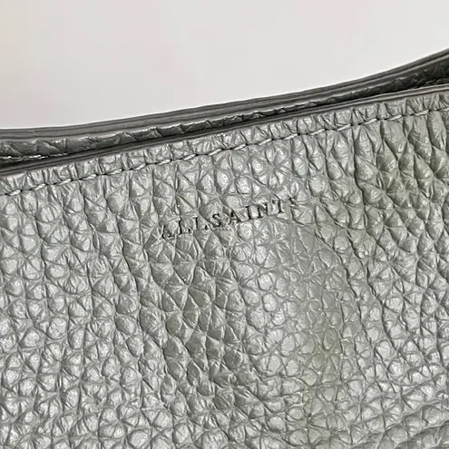 All Saints Green-Grey ‘Mast’ Pebbled Leather Shoulder Bag in “Light Slate”