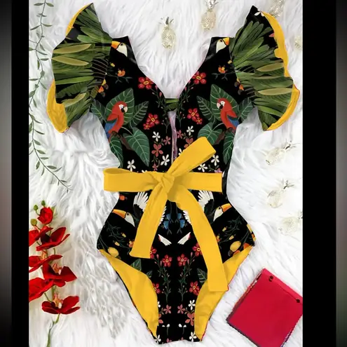 Summer cute safari printed 90's vibe style one piece swimsuit with Self belt tie Green Size M