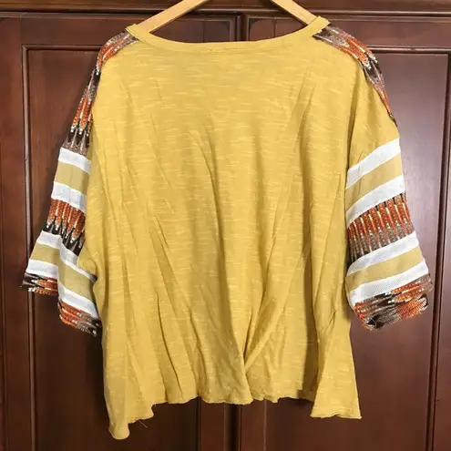 Umgee Oversize Large Mustard Yellow Multicolor Cotton Blend Boxy Blouse