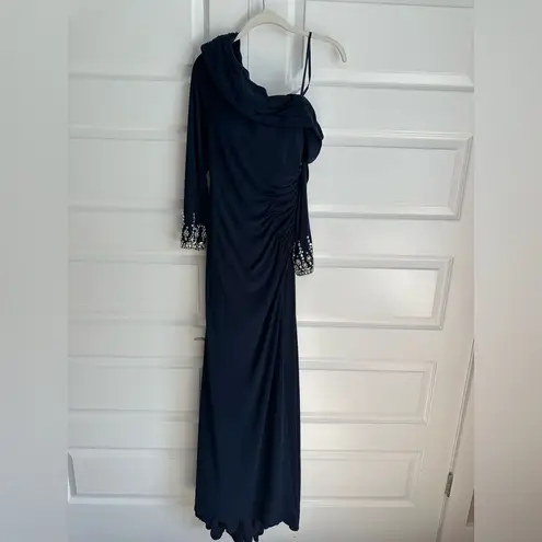 Mac Duggal Beaded Cuff Drop Shoulder Wrap Style Gown Dress 12231 Navy