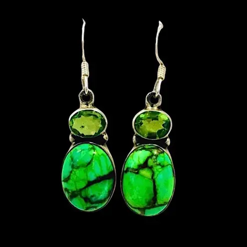 Sterling Silver Mohave Lime Green Copper Infused Turquoise Peridot Drop Earrings