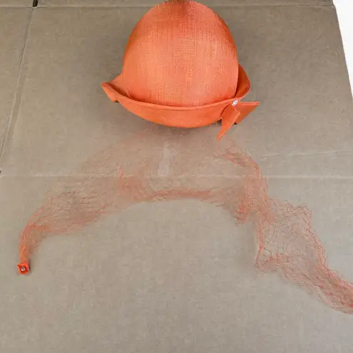 1920s Vintage Orange Cloche Hat Elegant Woven Pearl Bow Rolled Brim Veil Accent