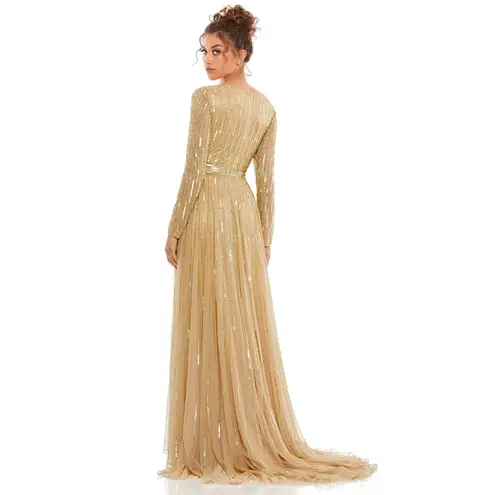 Mac Duggal 4977 Gold Sequin Beaded Illusion Sleeve Gown 4 NWT
