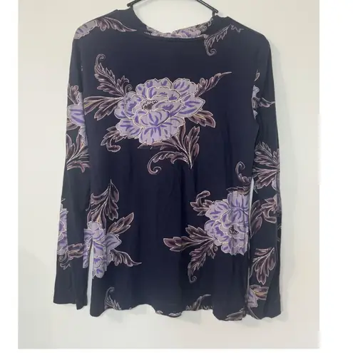 IZOD Vtg Cotton Purple Floral Print Long Sleeve Ruched Neck Top Blouse M Y2k