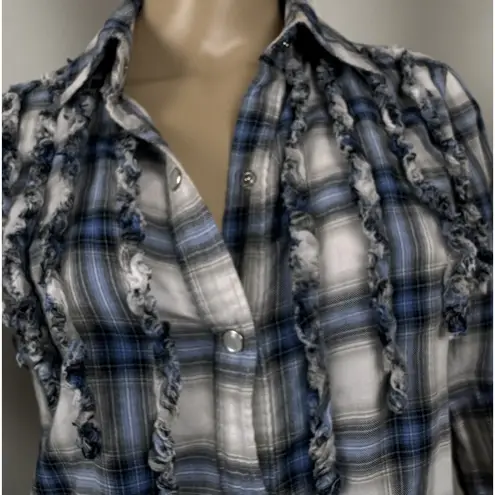 Seven7 Pleated Ruffle Blue Plaid Pearl Snap Button Front Long Sleeve Top Medium