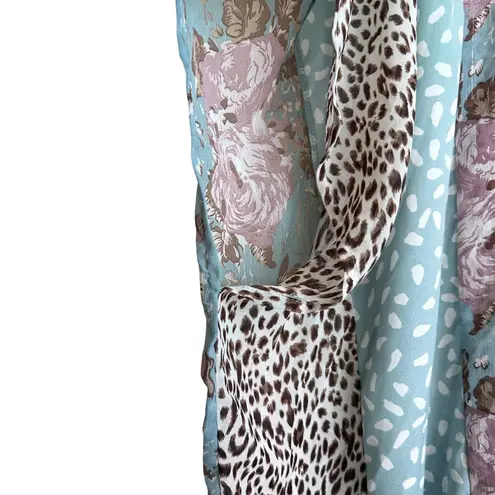 Umgee  Women Kimono Cardigan S/M Blue Mixed Print Ruffle Hem Boho Artsy Patchwork