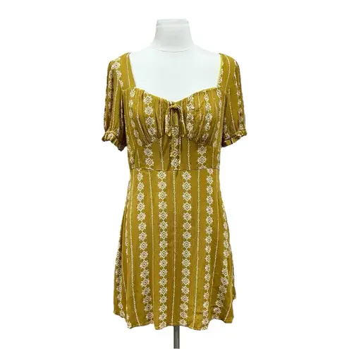 Hem & Thread  Mustard Floral Geometric Boho Mini Dress Size Large