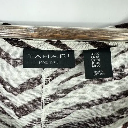 Elie Tahari Tahari Top 1X Brown White Zebra Print 100% Linen Safari Chic Resort Boho Coastal