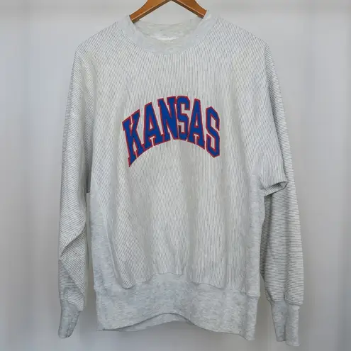 Vintage 90s KU Jayhawks Kansas Gray Pinstripe Sweatshirt Size M