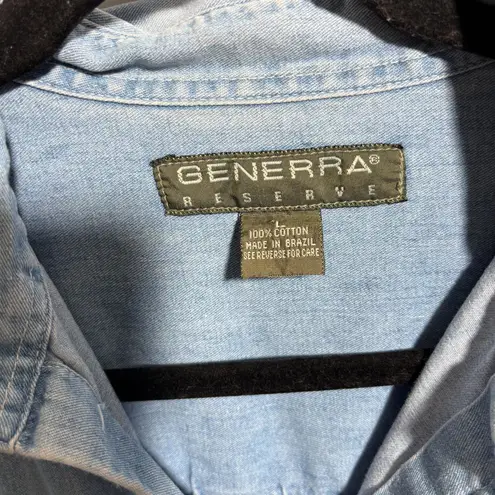 VTG Light Blue Denim Button Up Top Long Sleeve Retro Western Flap Pockets Boho L Size L